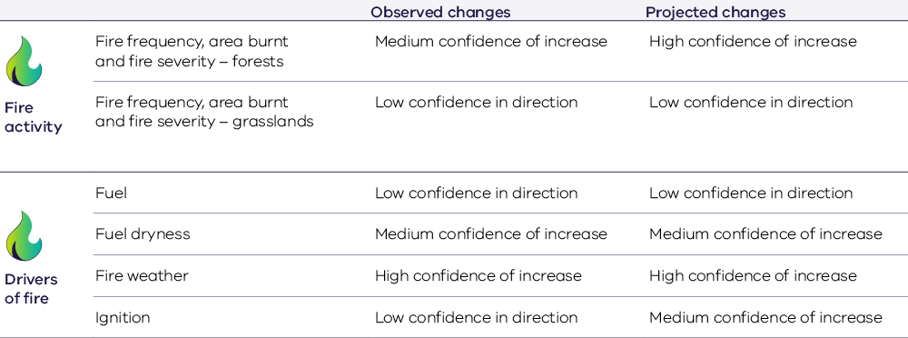 Assessing projected changes in fire activity shows there is high confidence in a projected increase for forests and low confidence in either an increase or decrease for grasslands