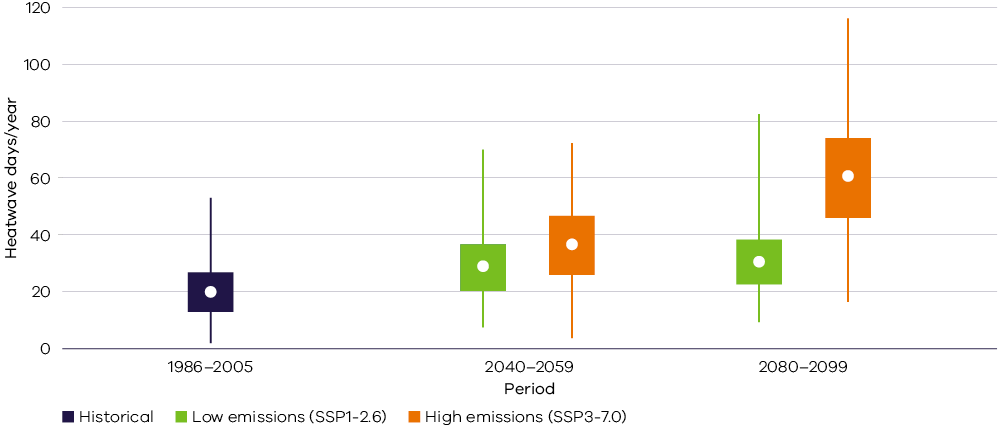 Box plot showing increased annual heatwave days in 2050 and 2090 under low (green) and high (orange) emissions